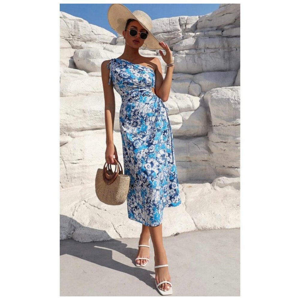 One Shoulder Tropical Midi Sundress White with Blue Florals Small NIB